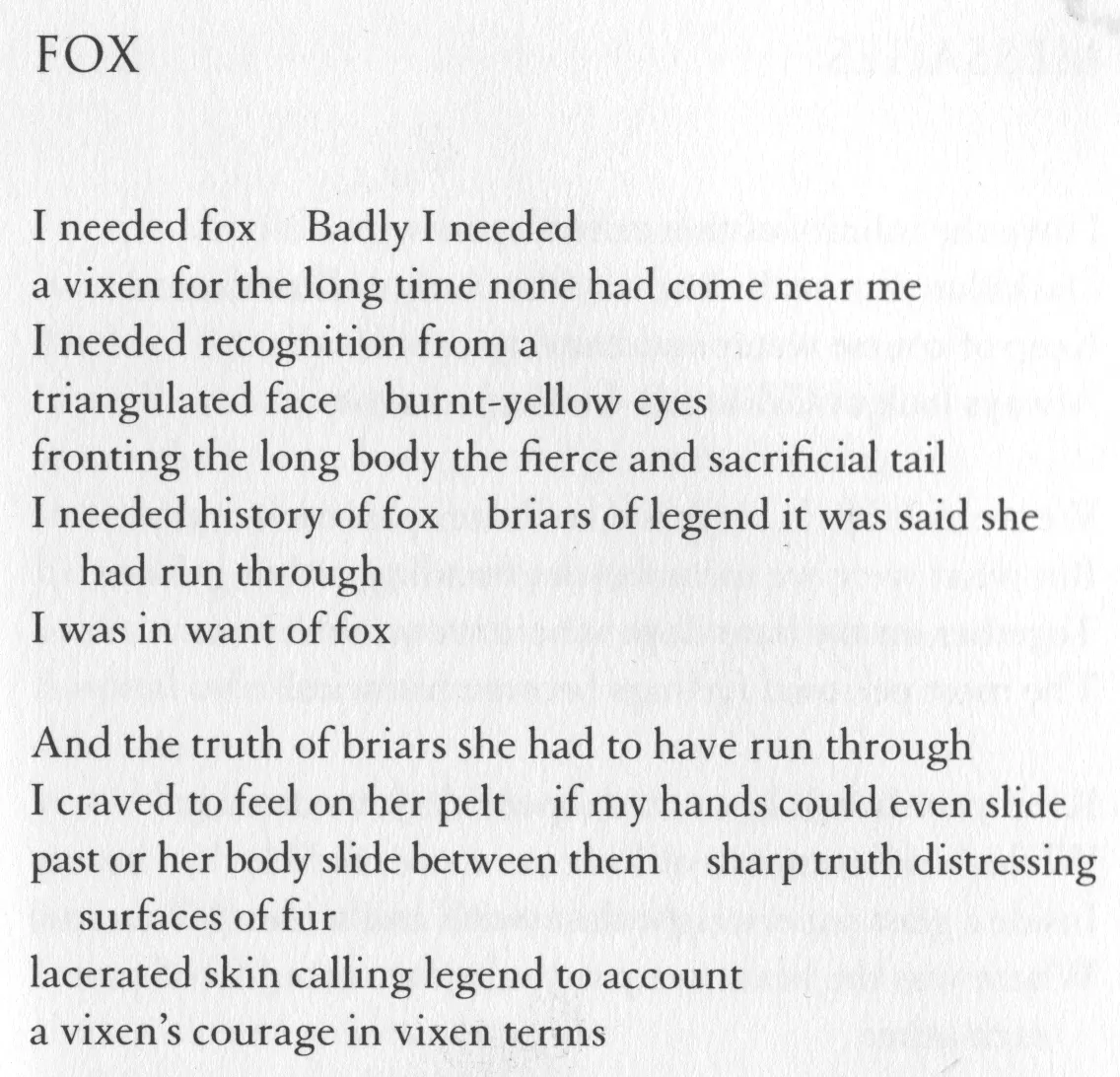 A stanza from the poem 'Fox': "I needed fox    Badly I needed / A vixen for a long time none had come near me / I needed recognition from a / triangulated face..."