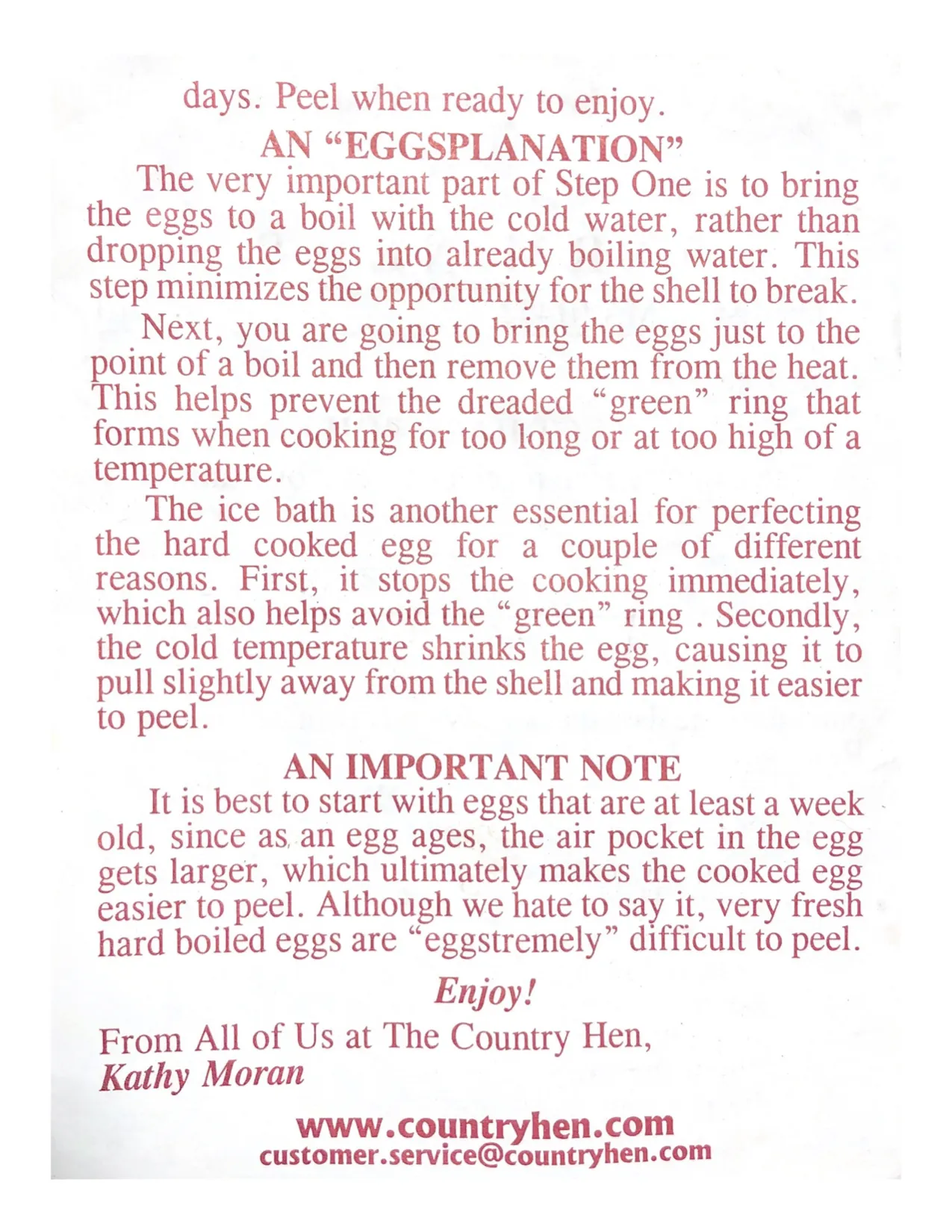 The Country Hen’s hard-boiled egg instructions, back