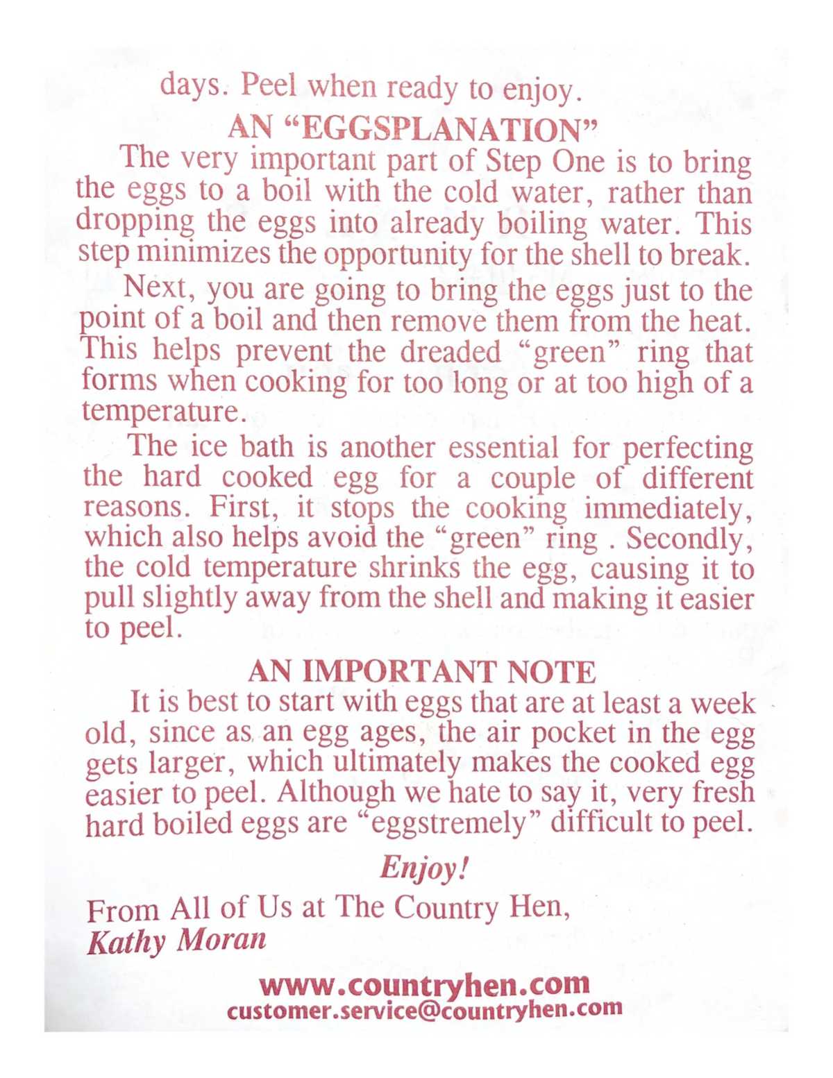 The Country Hen’s hard-boiled egg instructions, back