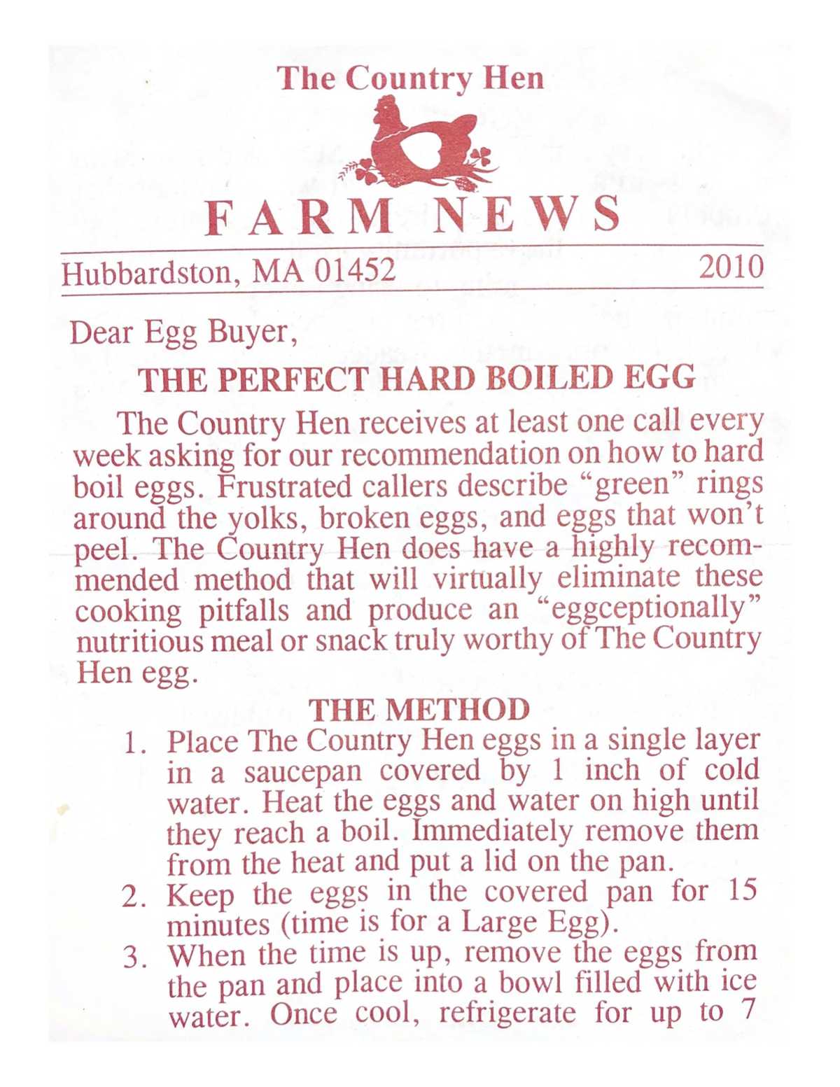 The Country Hen’s hard-boiled egg instructions, front